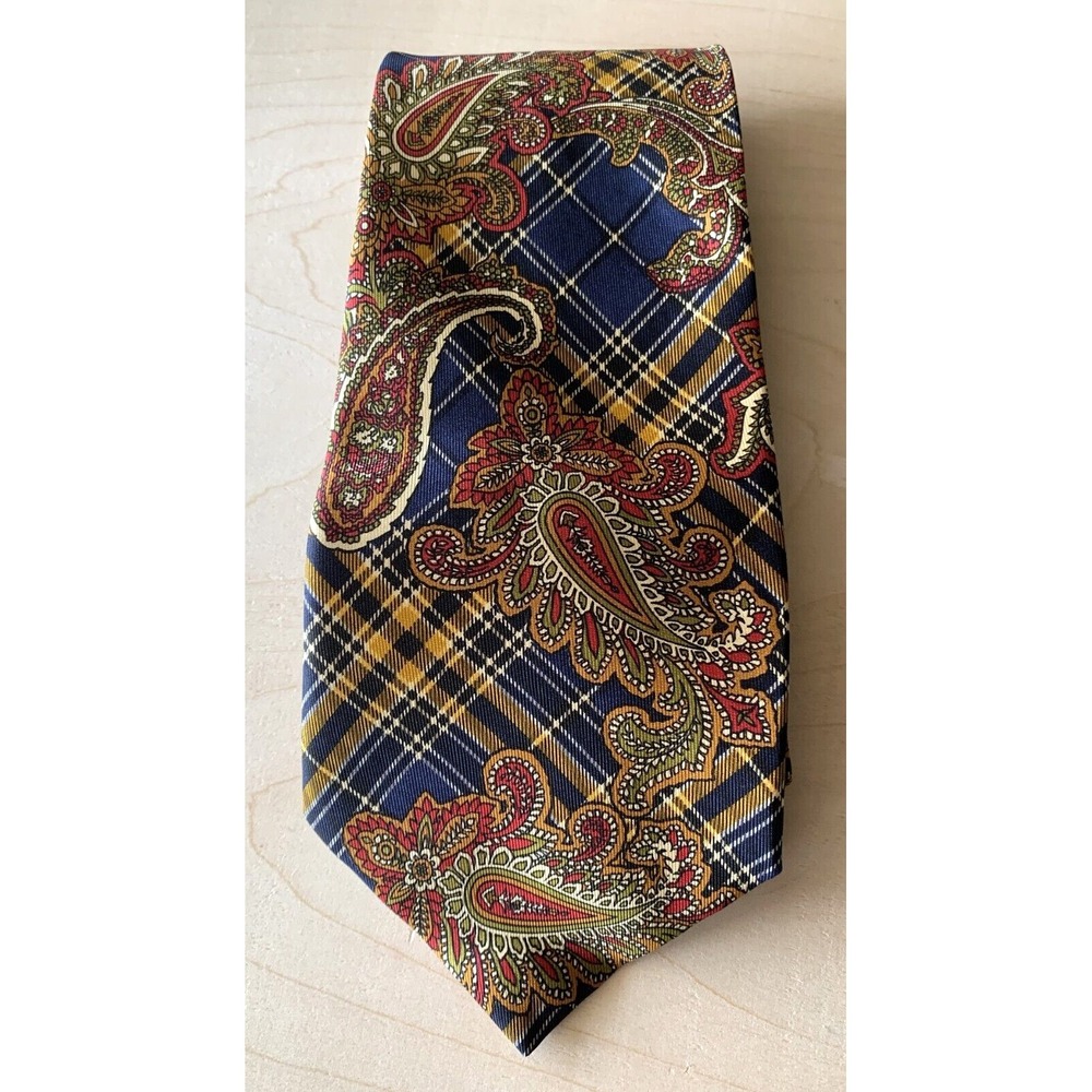 Vtg Paisley Tartan Neck Tie Silk Michelsons London 3 3/4" Navy Gold Red England